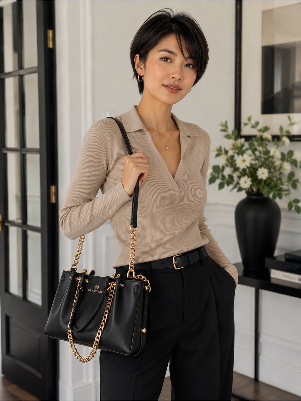 Michael Kors Black Leather Shoulder Tote with Gold Chain Accents
